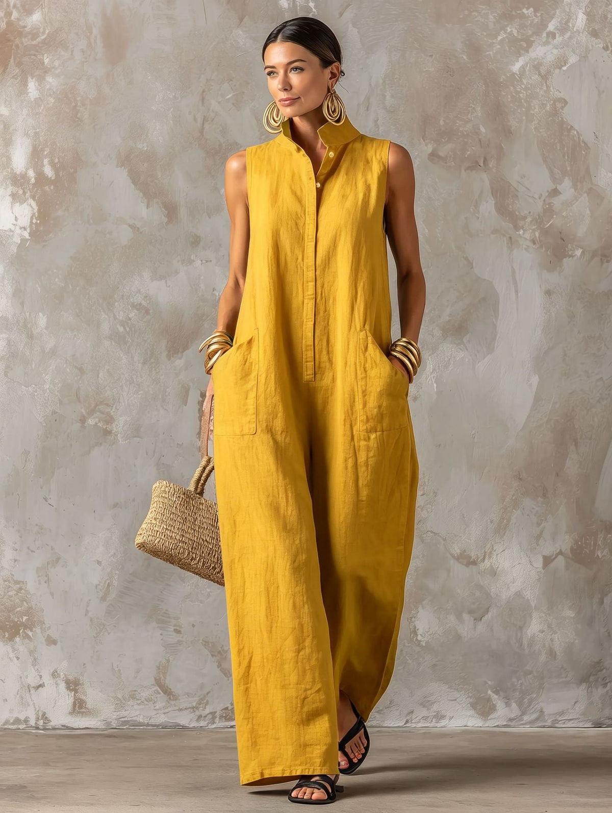 Sleeveless Stand Collar Button Front Wide Leg Jumpsuit with Pockets