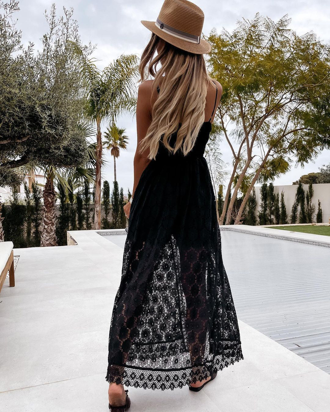 Lace Spaghetti Strap Smocked Bodice Crochet Hem Lace Trim Maxi Dress