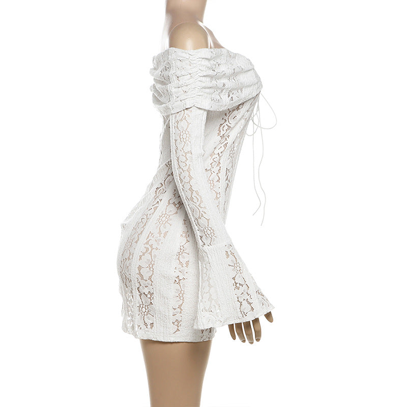 Off Shoulder Lace Bell Sleeve Ribbon Tie Bodycon Mini Dress