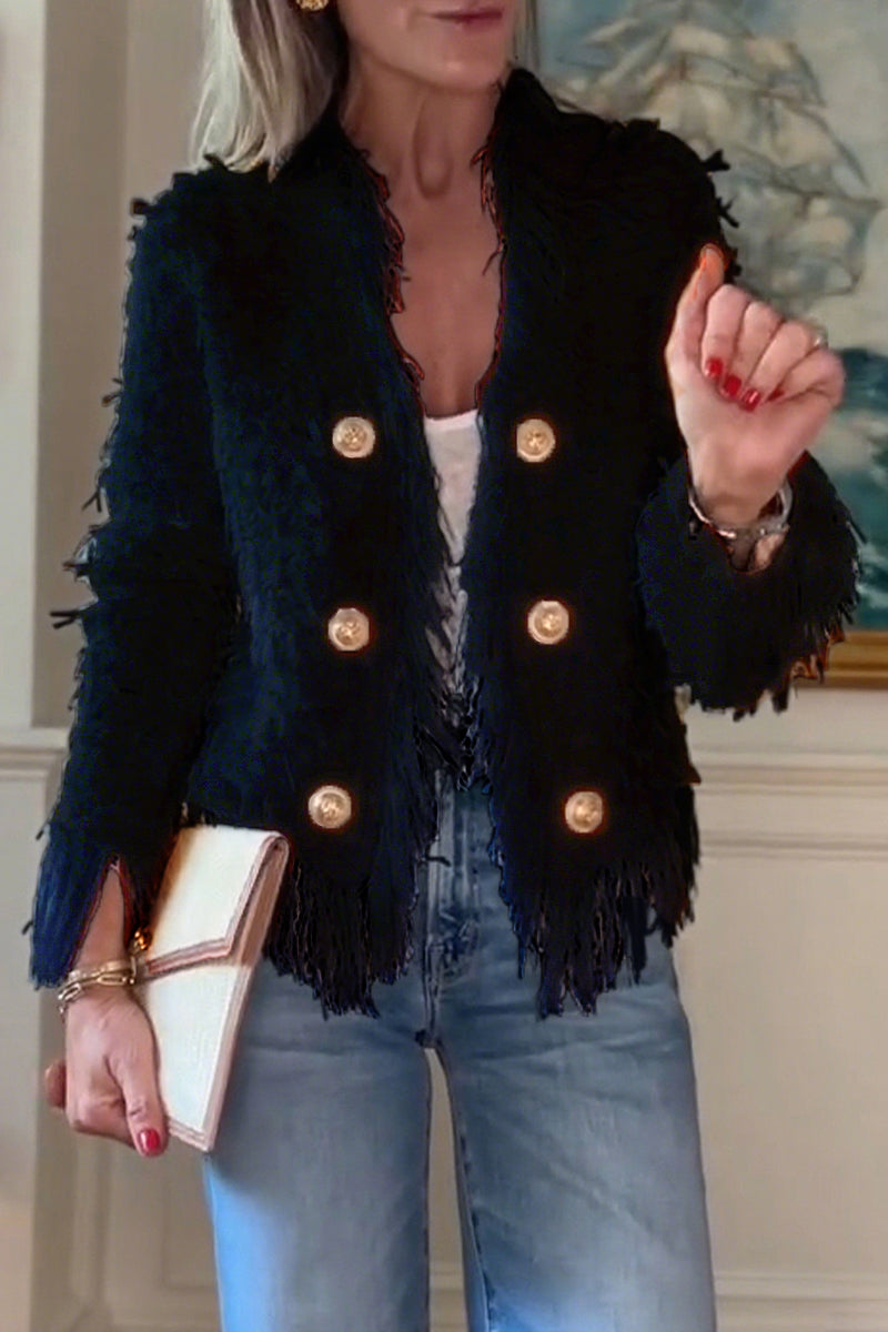 Fringe Trim Gold Button Tweed Jacket