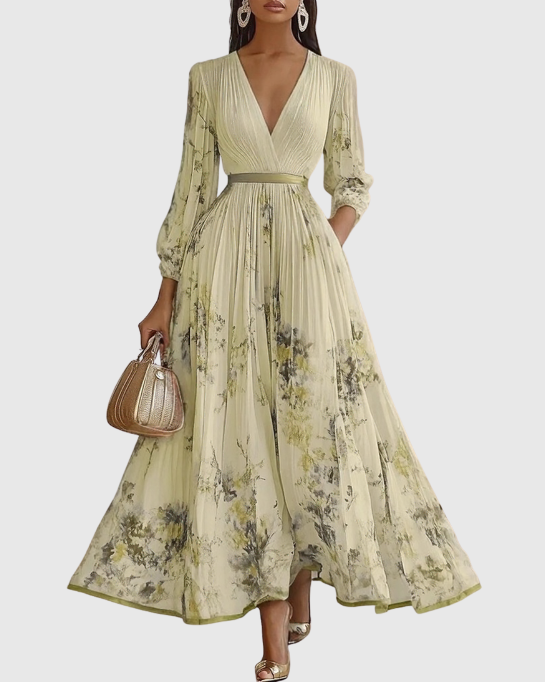 Floral Deep V-Neck Pleated Belted Midi Dress