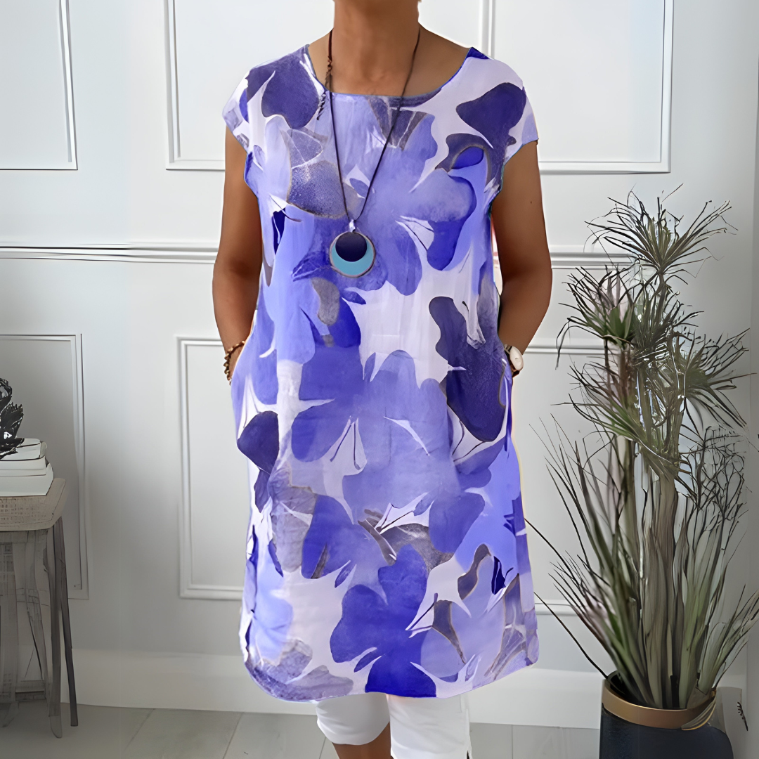 Watercolor Floral Round Neck Short Sleeve Tunic Dress