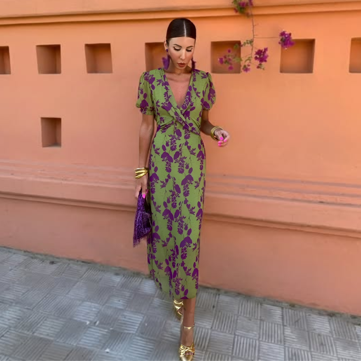 Floral Print V-Neck Puff Sleeve Wrap Midi Dress