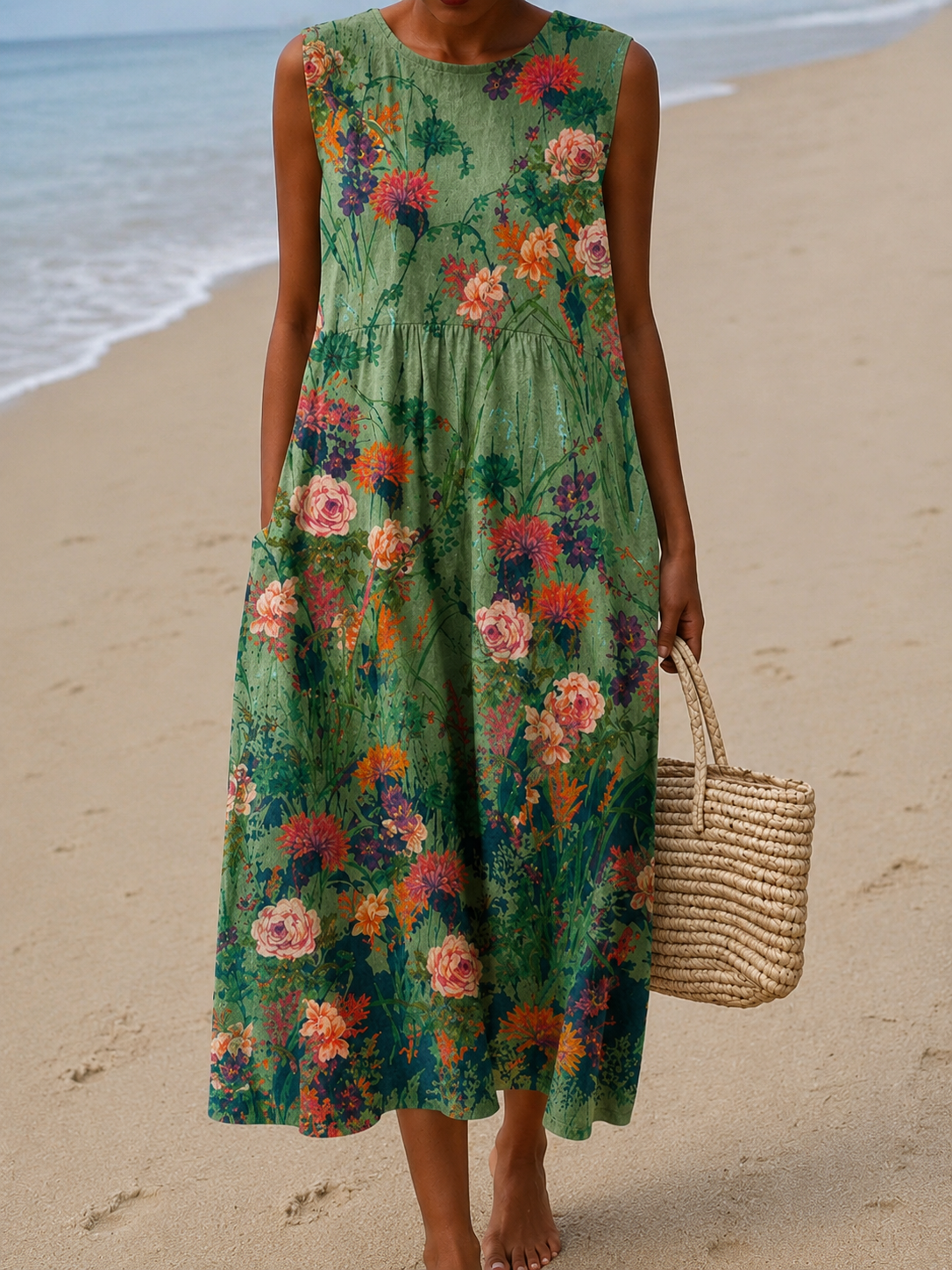 Round Neck Sleeveless Floral Midi Dress