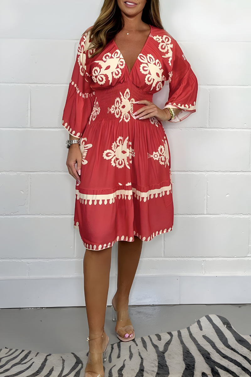 Folk Floral Print V-Neck Three Quarter Sleeve Tiered Midi Dress