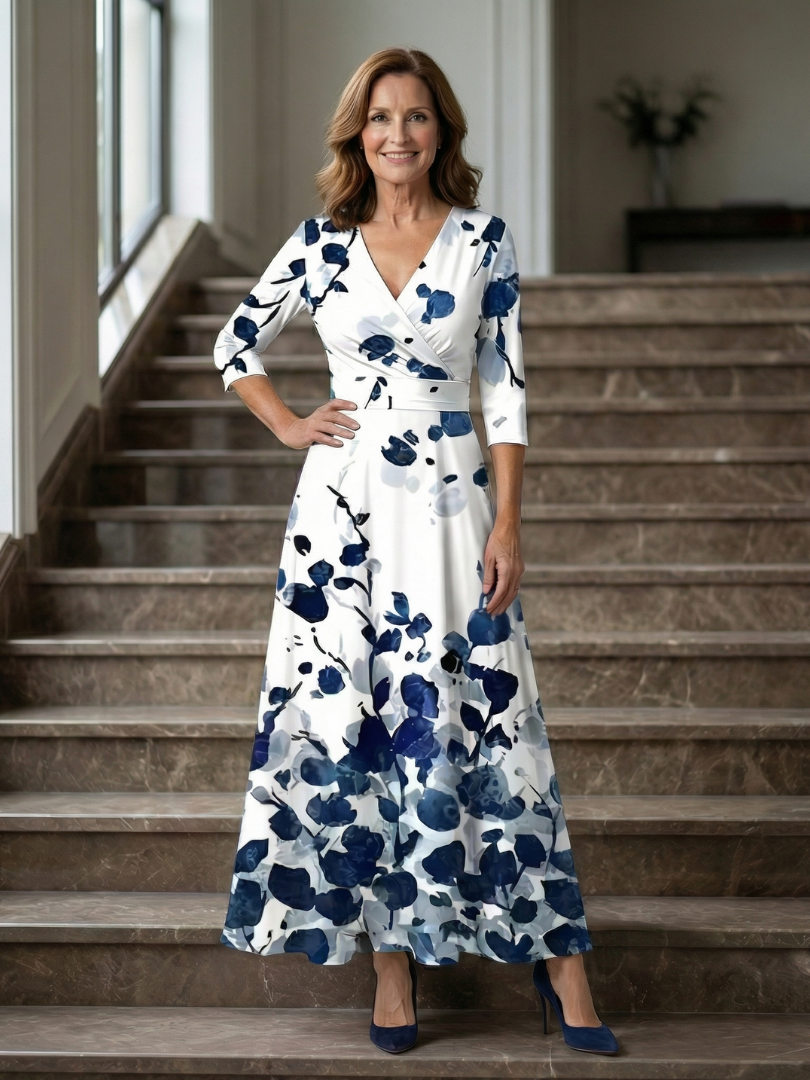 Floral Print Wrap V-Neck Maxi Dress