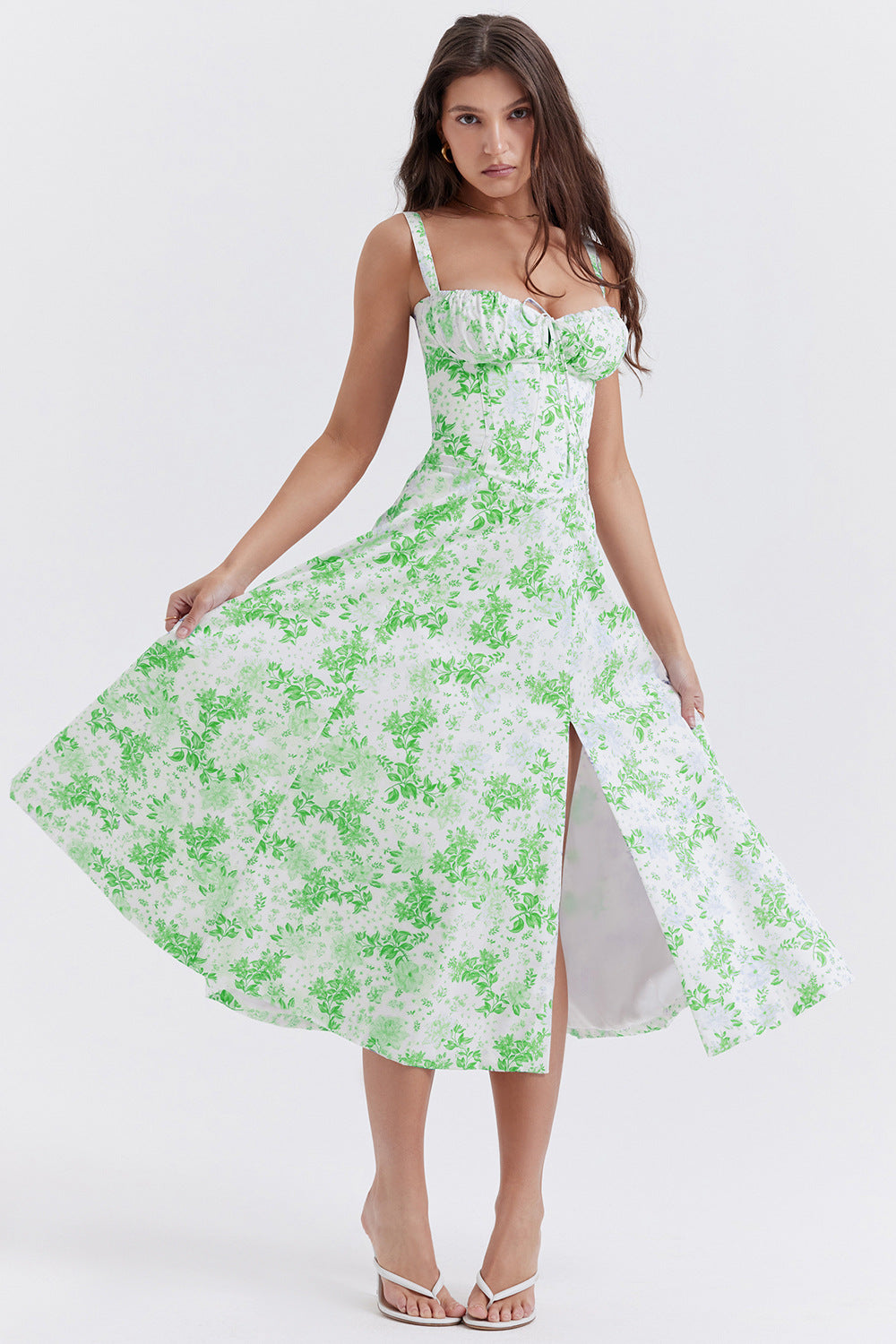 Floral Sweetheart Spaghetti Strap Corset Fit and Flare Midi Dress