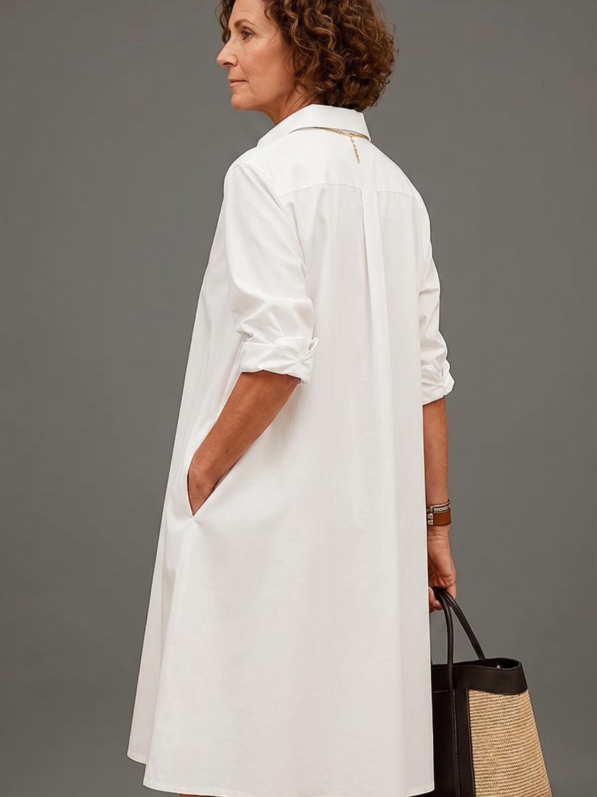 Collared Long Sleeve Pocket A-Line Midi Shirt Dress