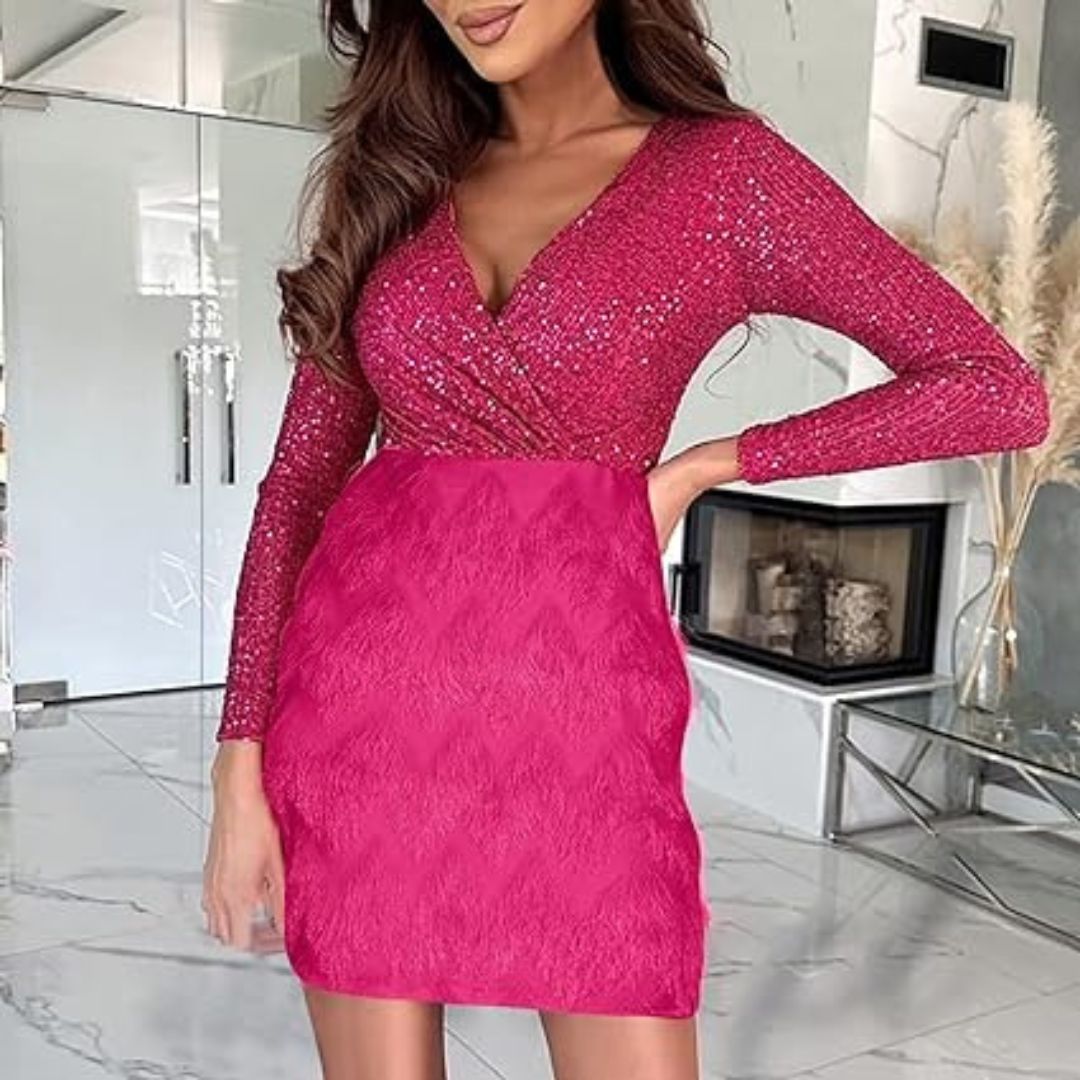 Sequin Wrap Deep V-Neck Long Sleeve Faux Two Piece Fringe Cocktail Mini Dress