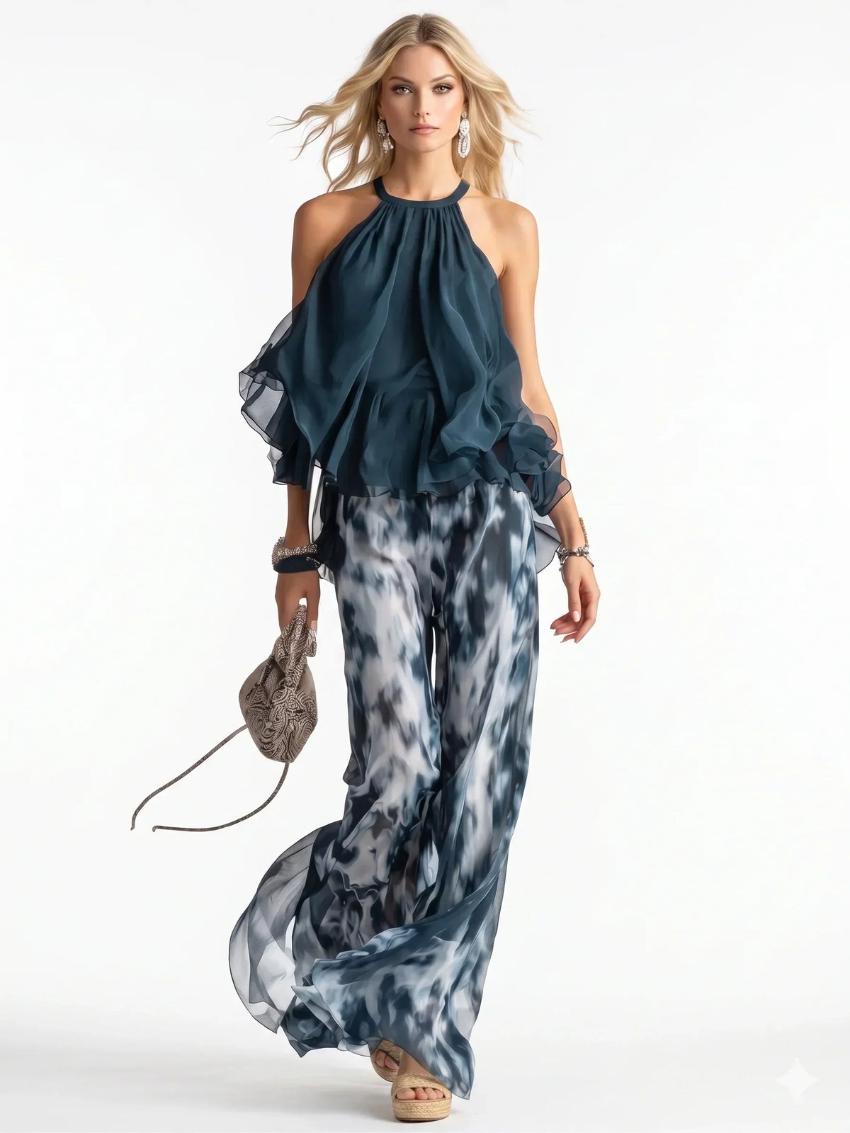 Halter Neck Ruffle Chiffon Top and Wide Leg Pants Two Piece Set