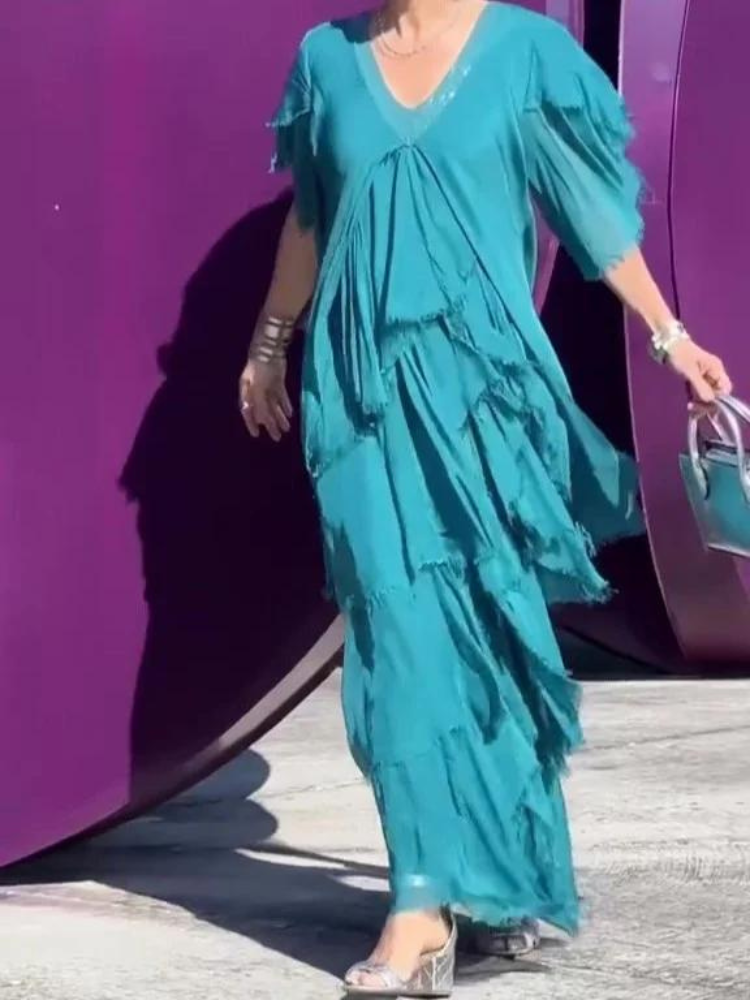 V-Neck Flutter Sleeve Tiered Ruffle Maxi Dress