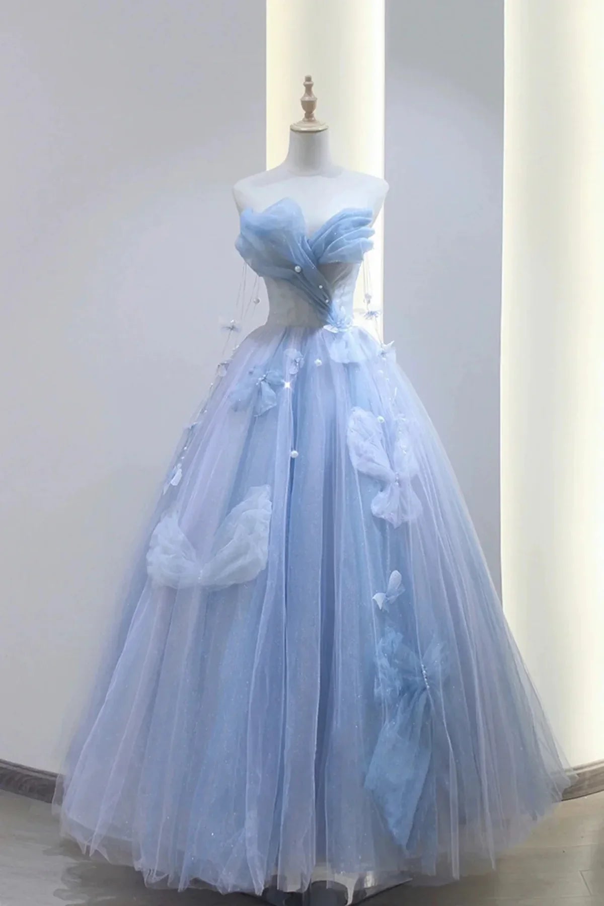 A Line Blue Tulle Long Prom Dress, Strapless Long Blue Beaded Tulle Formal Evening Dresses fg4442