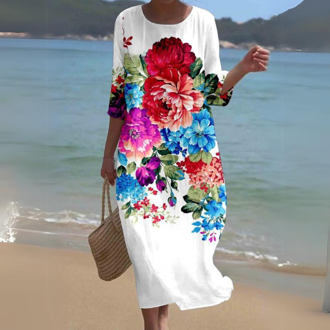 Floral Round Neck Half Sleeve Shift Summer Midi Dress