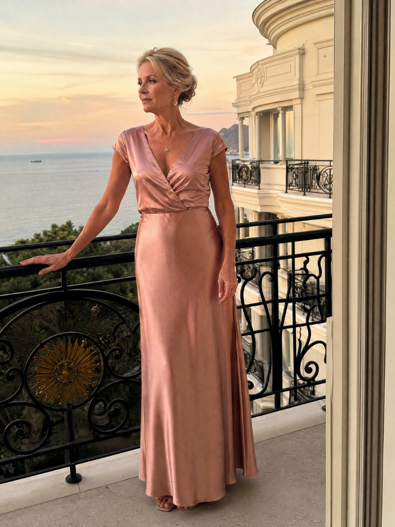 Surplice V-Neck Cap Sleeve Satin Maxi Gown