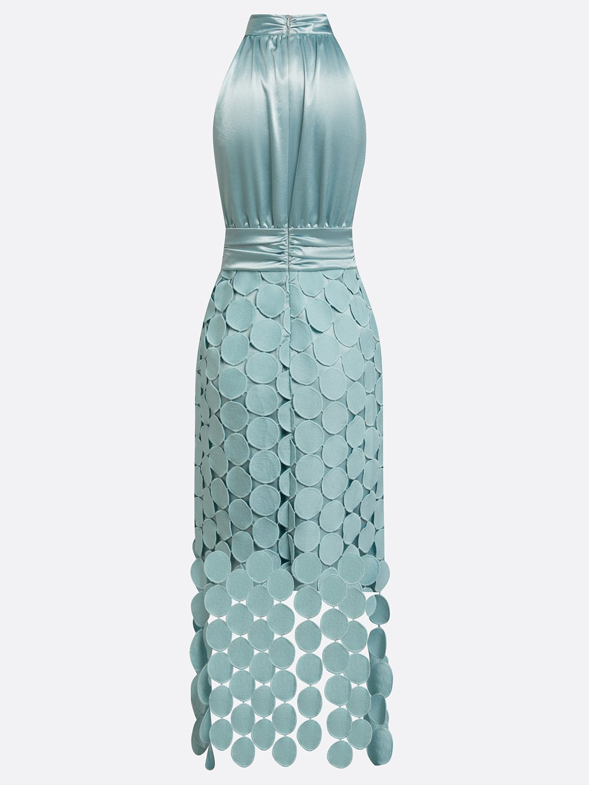 Halter Neck Satin Bodice Laser Cut Disc Midi Dress