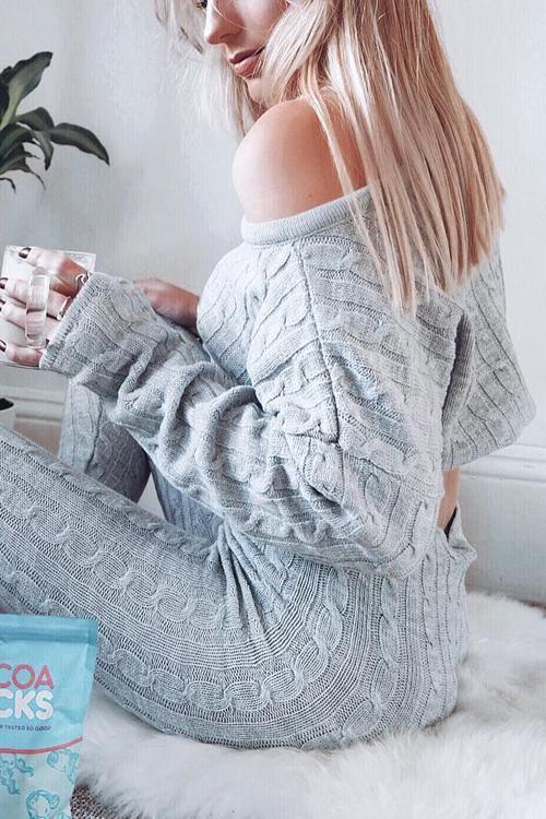Knit Dew Shoulder Pants Set