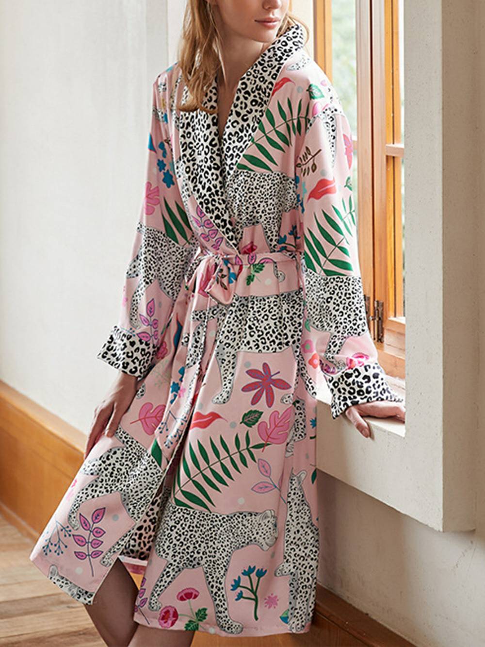 Floral Leopard Print Wrap Belted Robe Set