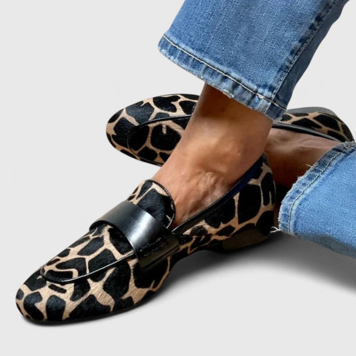 Giraffe Print Buckle Strap Block Heel Loafers