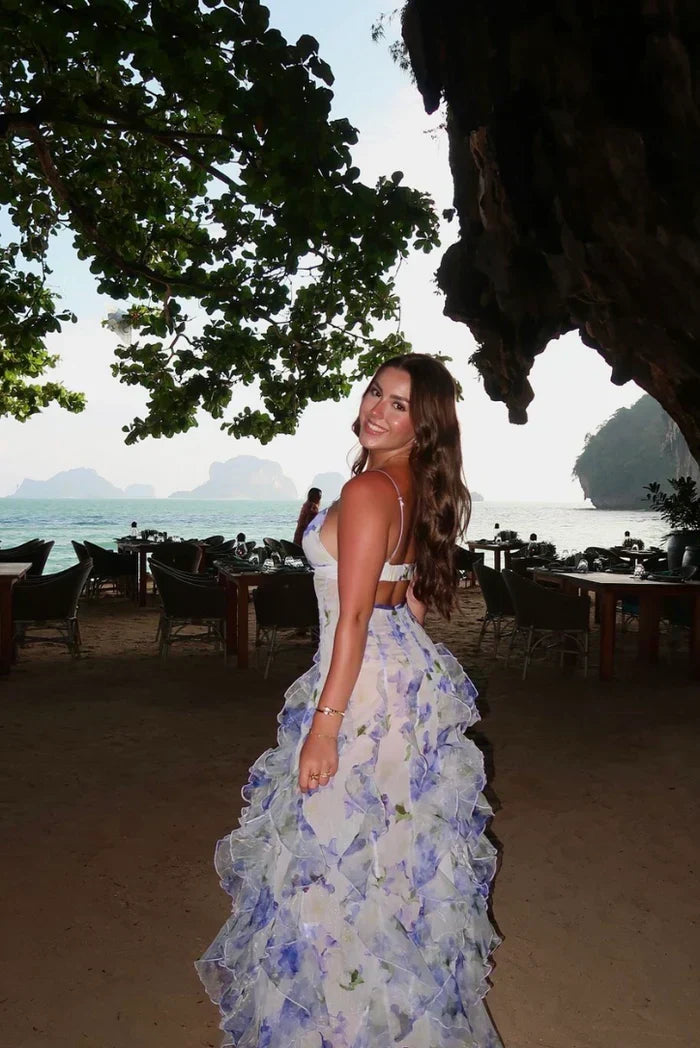 Floral Chiffon V-Neck Corset Bodice Ruffle Tiered Maxi Dress 6
