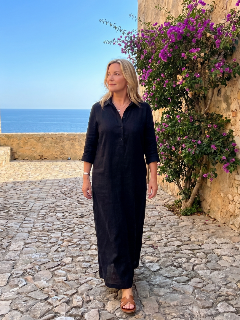 Collared Button Placket Long Sleeve Shirt Maxi Dress