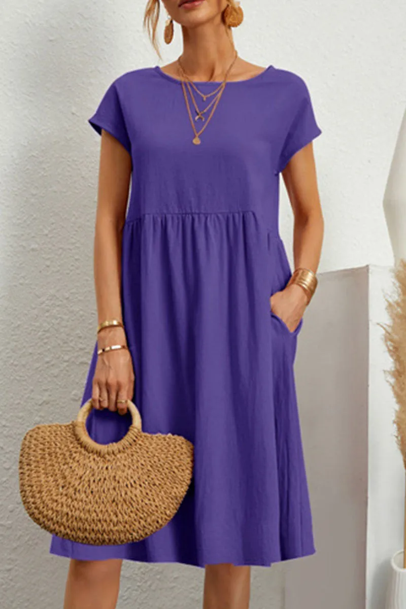 Linen Blend Print A-Line Short Sleeve Midi Dress