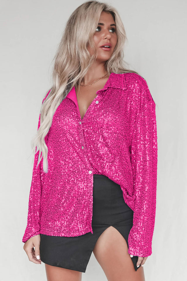 Sequin Collared V-Neck Long Sleeve Oversized Button Front Shirt 6