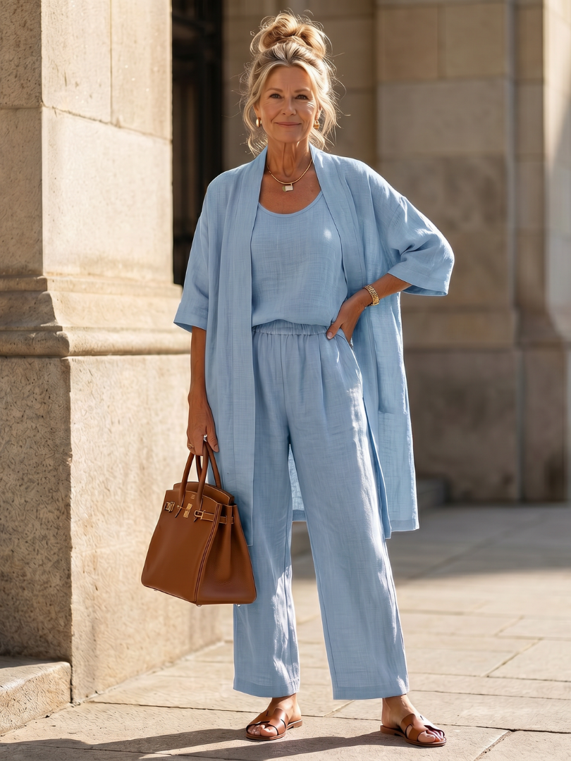 Tank Wide Leg Pants and Longline Kimono Three Piece Set
