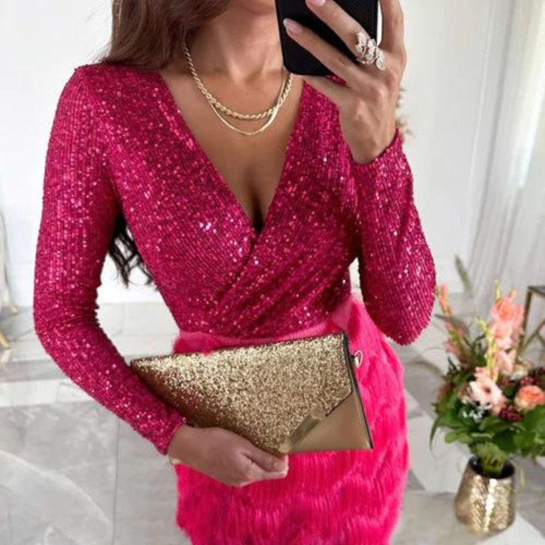 Sequin Deep V-Neck Wrap Long Sleeve Textured Skirt Mini Dress