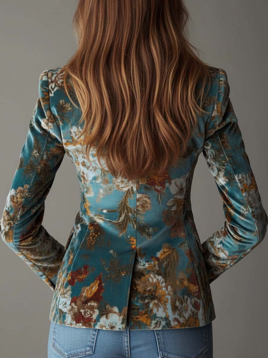 Floral Print Velvet Peak Lapel Blazer