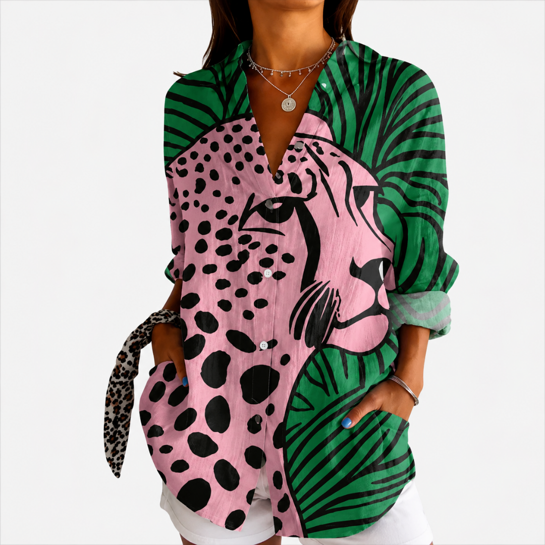 Leopard and Palm Print Button Front Long Sleeve Blouse