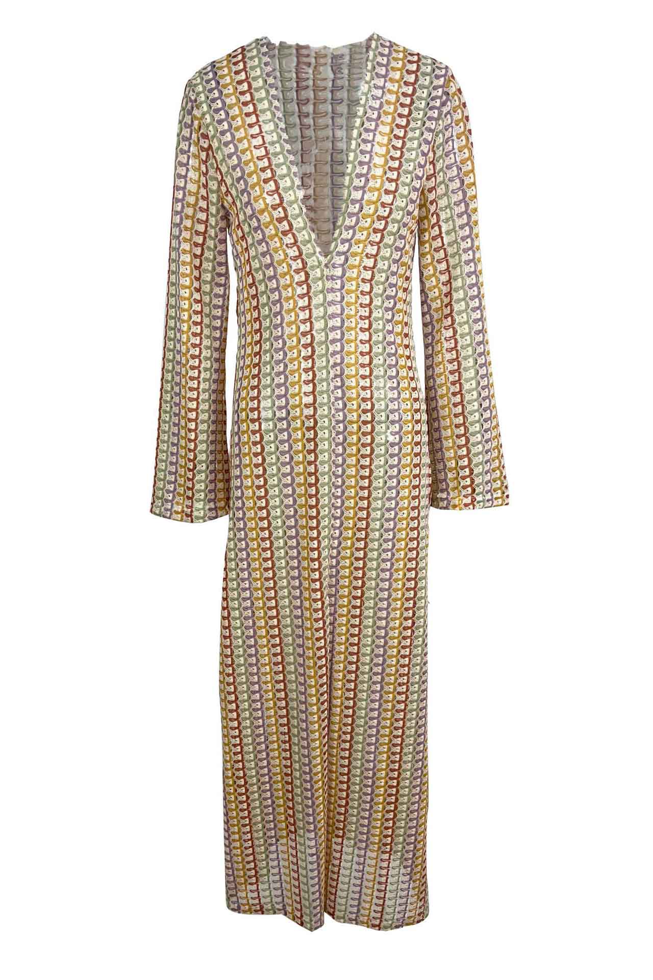 Crochet Deep V-Neck Long Sleeve Striped Boho Maxi Dress