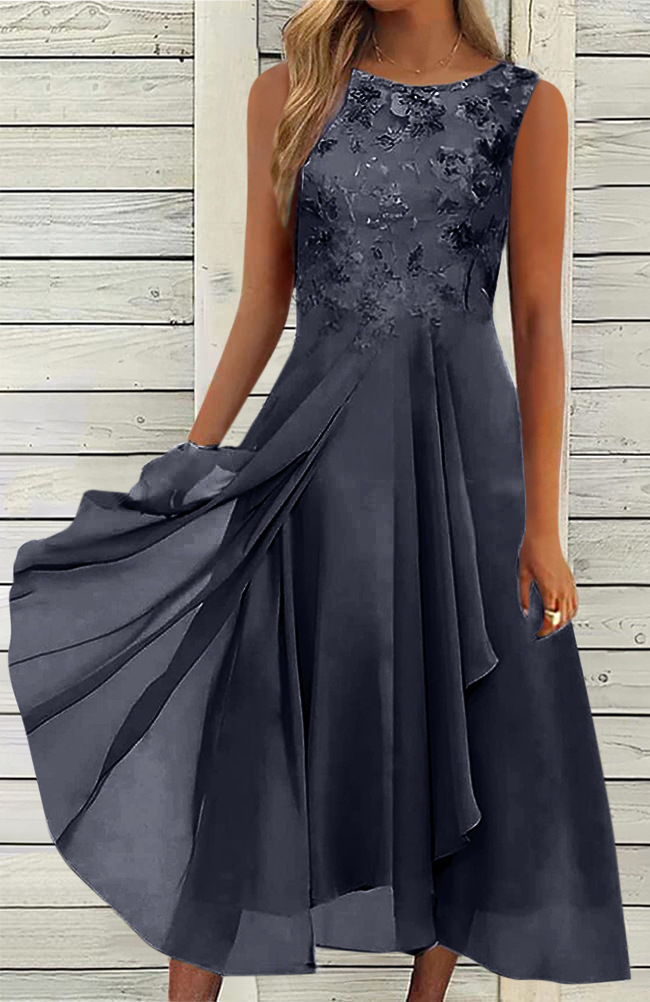 Sleeveless Lace Bodice Draped Layer Chiffon Midi Dress