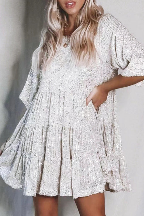 Sequin Long Sleeve Tiered Fit and Flare Mini Dress