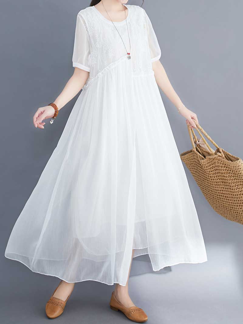 Lace Bodice Sheer Overlay Empire Waist Handkerchief Hem Midi Dress