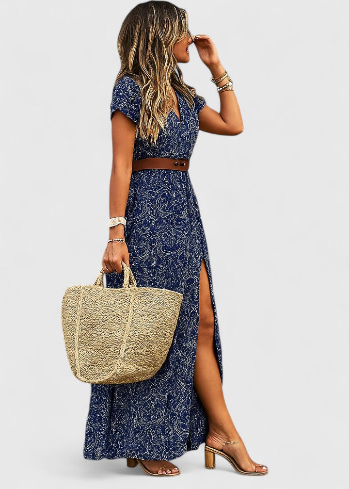 Floral V-Neck Short Sleeve Belted Maxi Dress