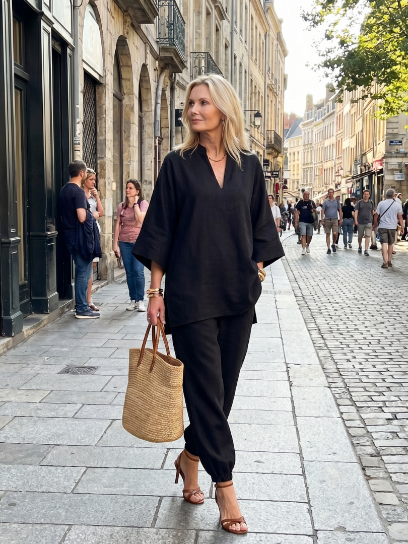 Notch V-Neck Tunic Top and Pants Two Piece Set