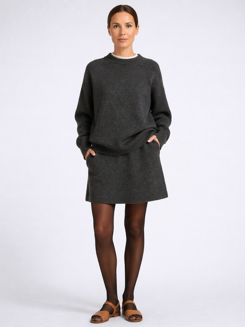 Crew Neck Drop Shoulder Sweater and Knit Mini Skirt Two Piece Set