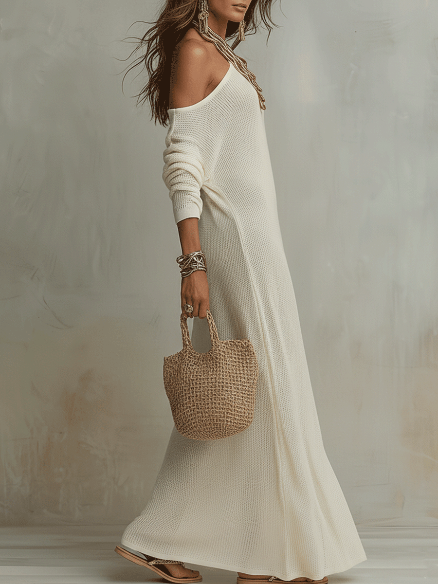 Knit One Shoulder Long Sleeve High Split Maxi Dress 3