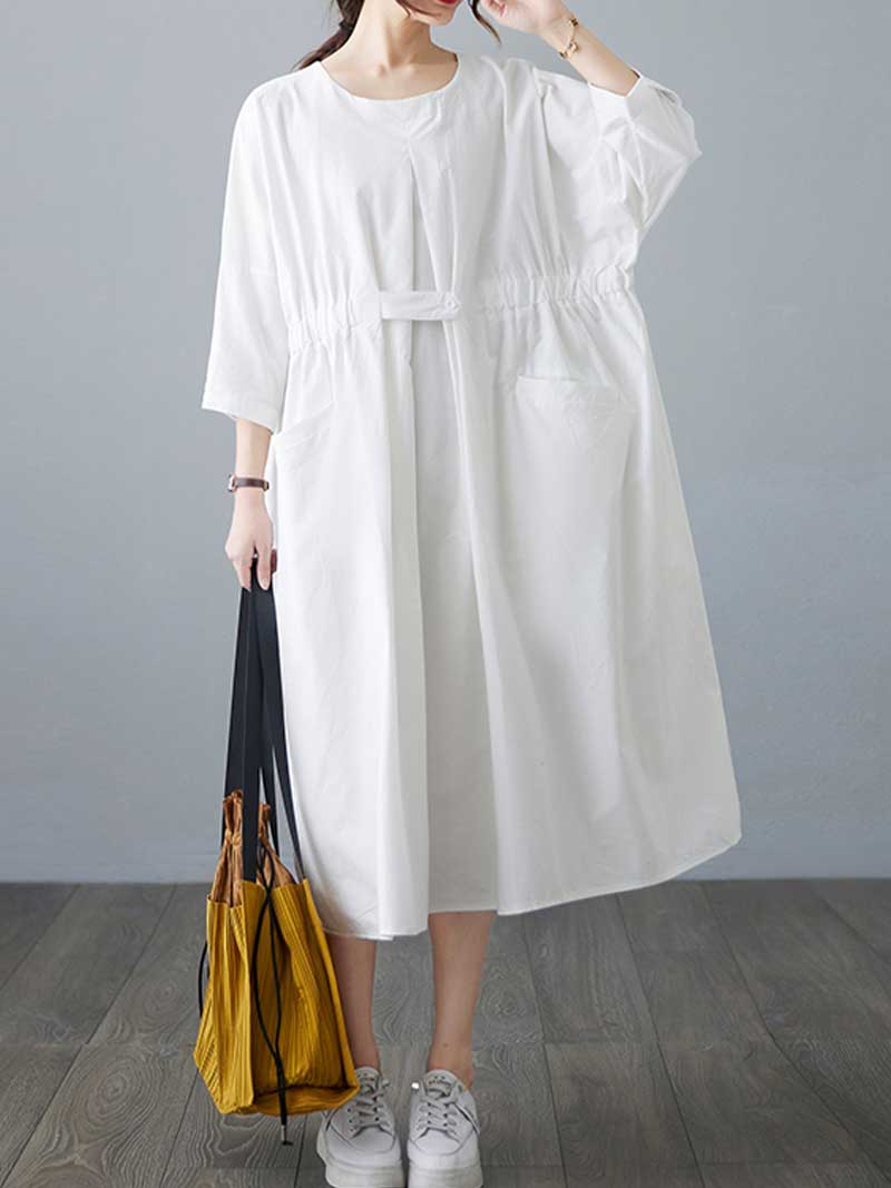 Round Neck Three Quarter Sleeve Gathered Waist Pleated Pocket A-Line Midi Dress