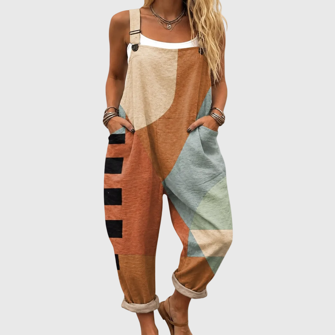 Abstract Geometric Adjustable Strap Pocket Overall Jumpsuit