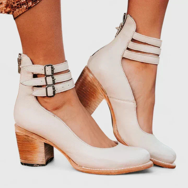 Round Toe Triple Buckle Ankle Strap Block Heel Pumps