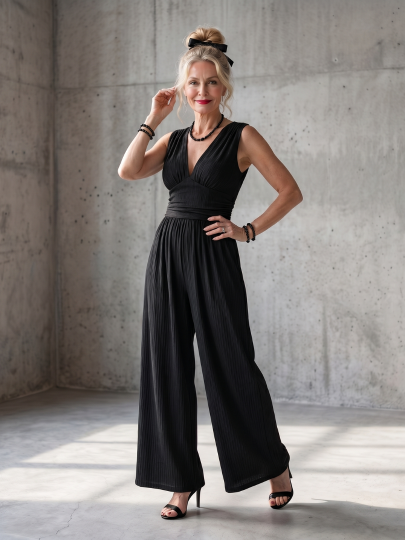 Deep V-Neck Sleeveless Ruched Waist Wide Leg Jumpsuit