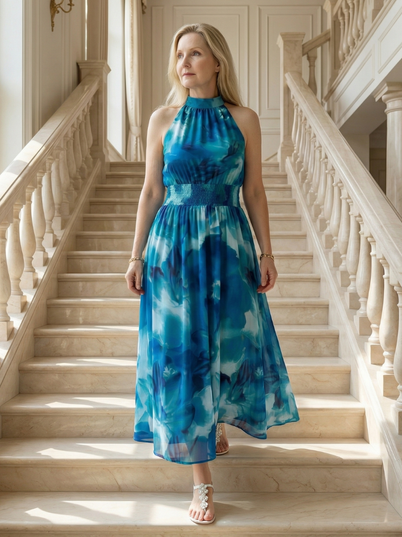 Halter Neck Smocked Waist Tie Dye Maxi Dress