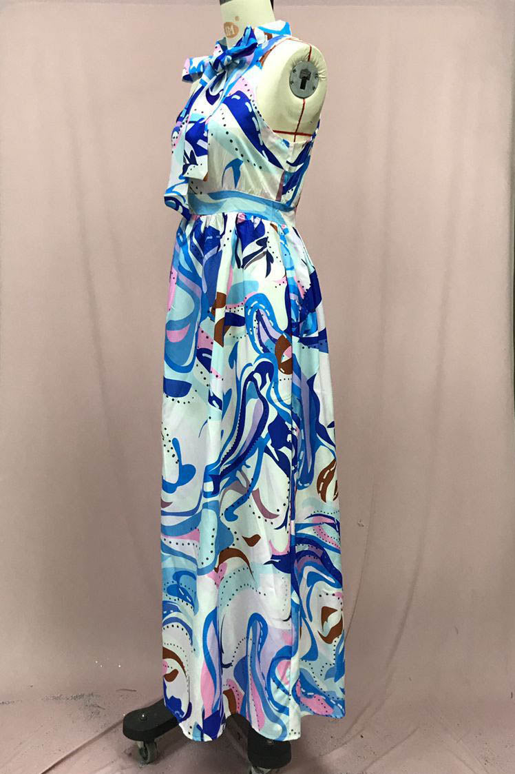 Halter Tie Neck Sleeveless Flowy Maxi Dress