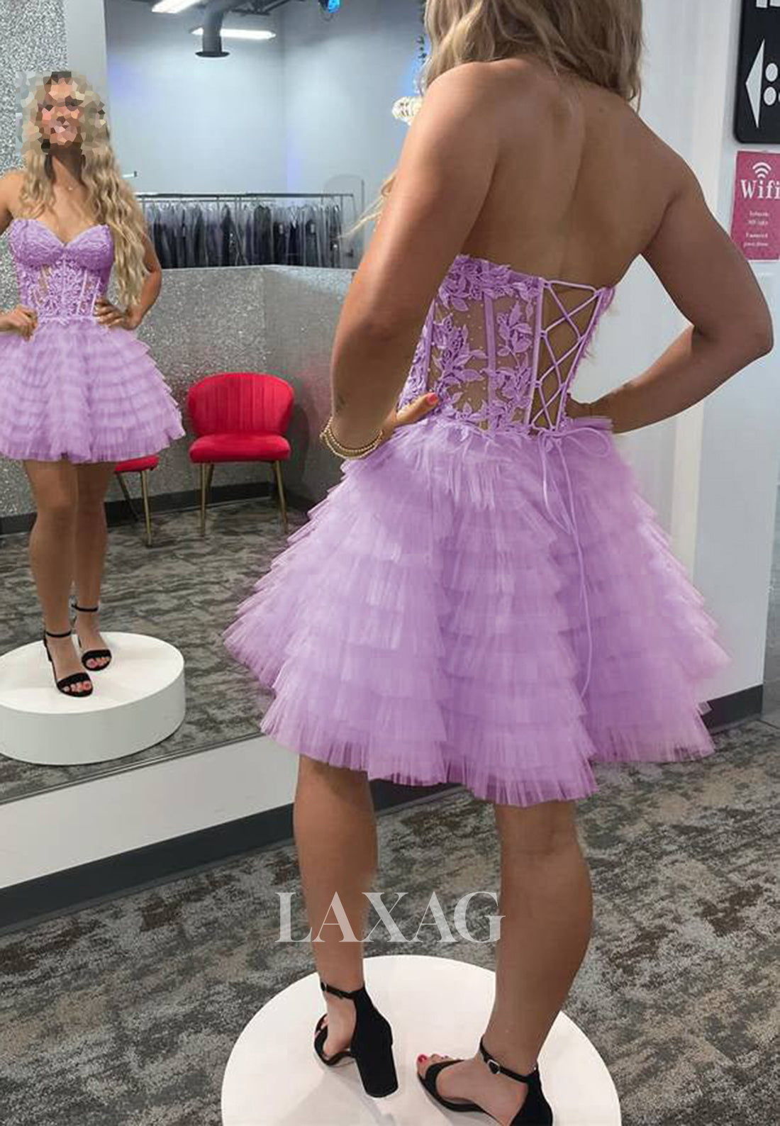 Sweetheart Off-Shoulder Applique Pleated Tulle Tiered Short Mermaid Homecoming Dress