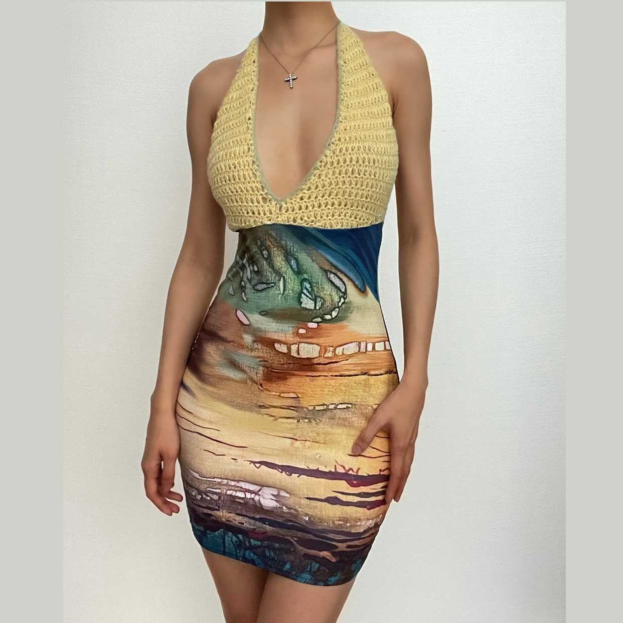 Contrast Print Knit Halter Neck Bodycon Mini Dress