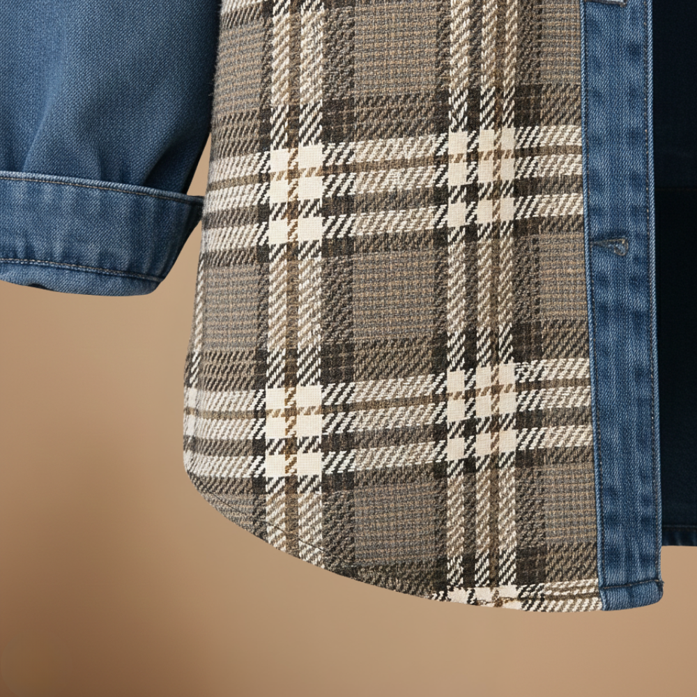 Denim Jacket with Plaid Patchwork and Button Closure