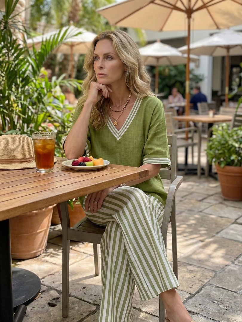 V-Neck Short Sleeve Top and Striped Wide Leg Pants Two Piece Set