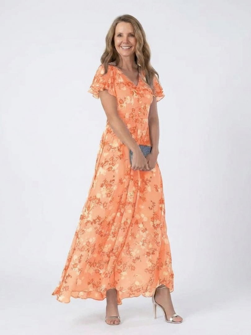 Floral V-Neck Flutter Sleeve Maxi Dress