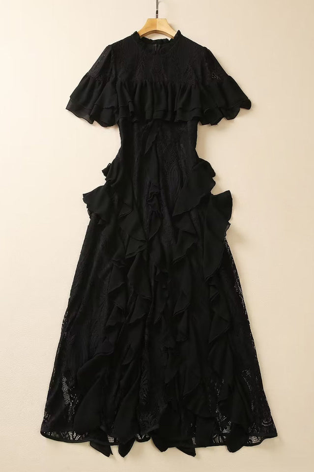 Oriana Pink Solid Lace Frill Midi Dress